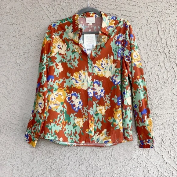 SEZANE NWT Rust Orange Green Abstract Floral Printed Button Down Pierro Shirt 38 - Picture 2 of 11